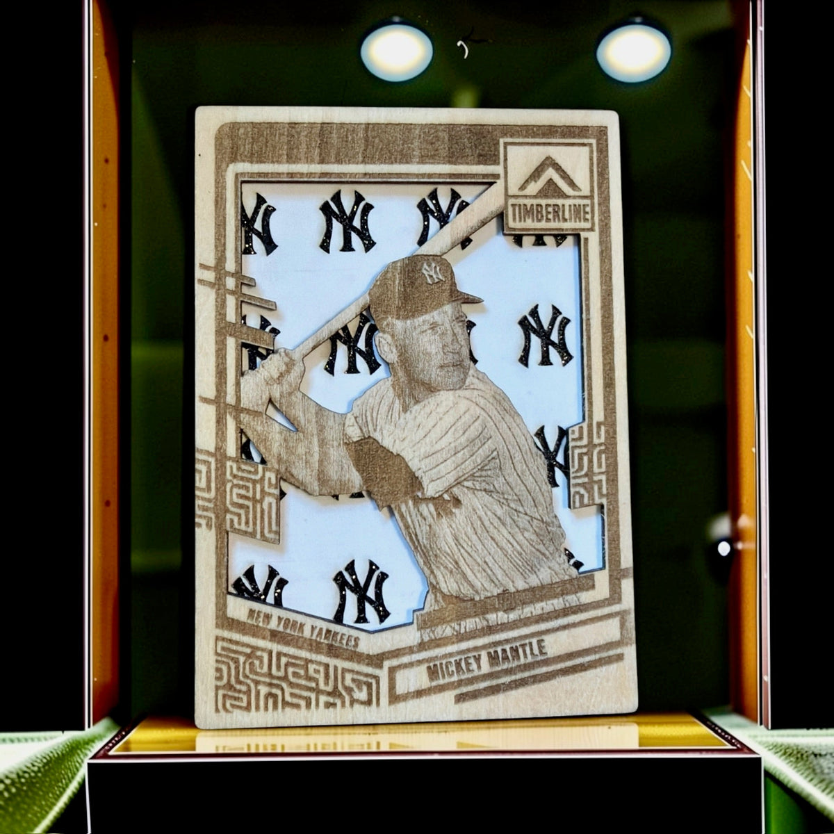 Mickey Mantle New York Yankees Timberline wood card with NY logo pattern background