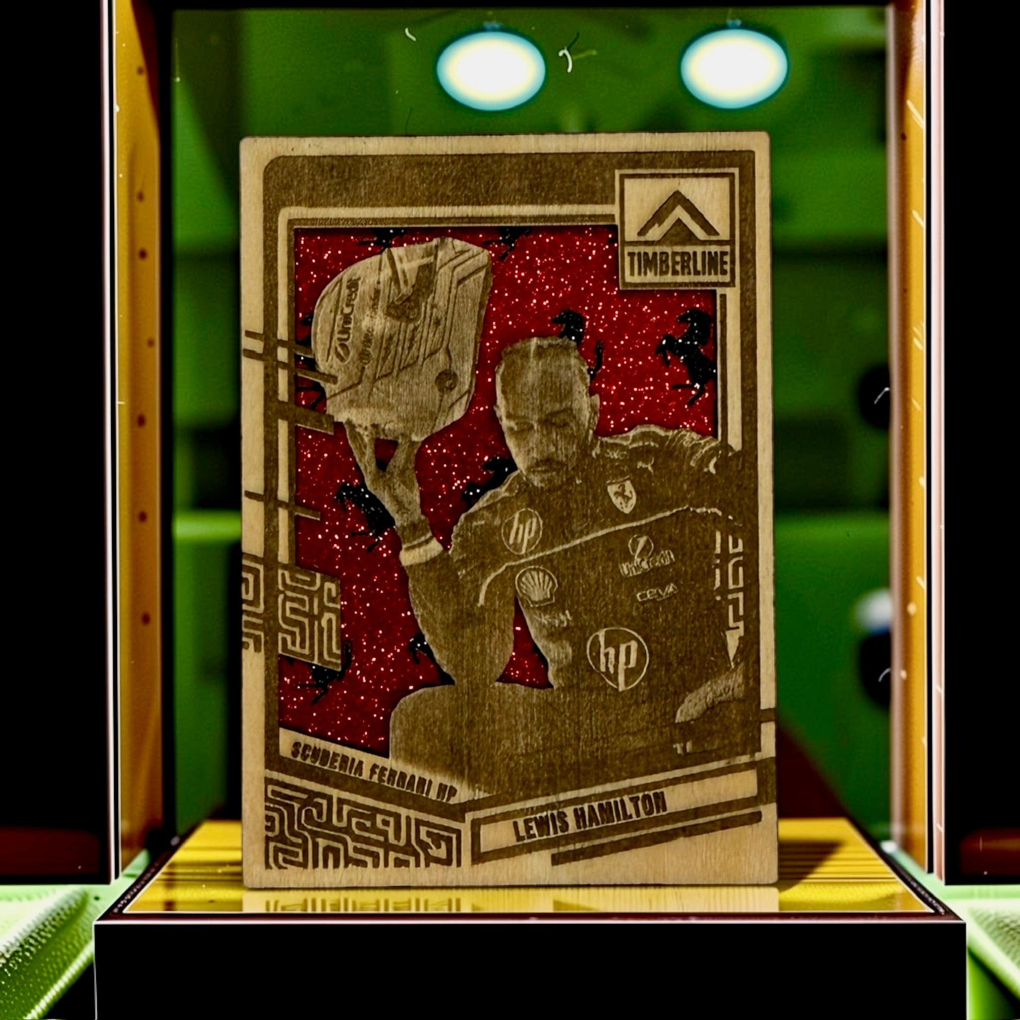 Lewis Hamilton Scuderia Ferrari HP laser-engraved wooden trading card with red glitter background