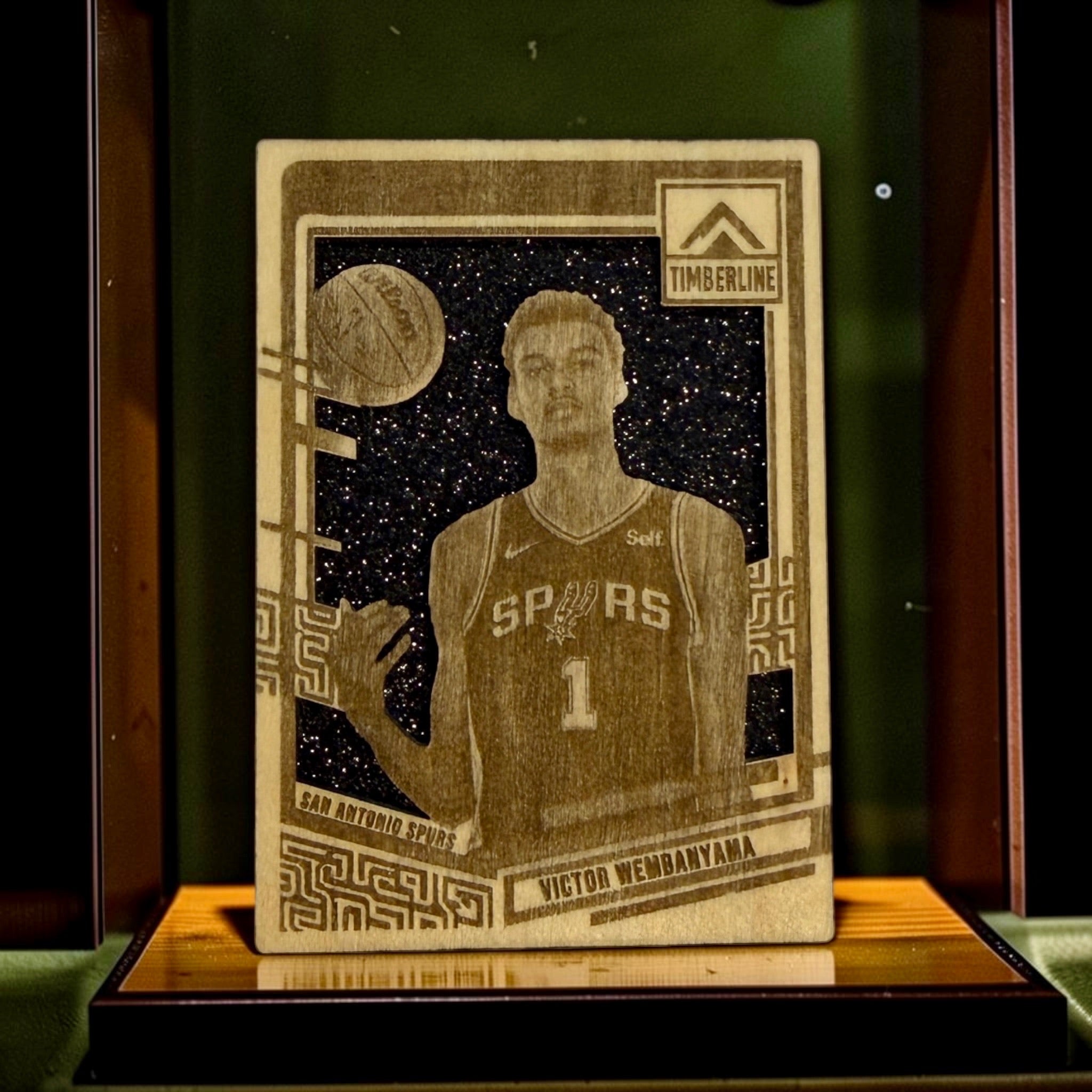Victor Wembanyama San Antonio Spurs Timberline wood card with black galaxy glitter background