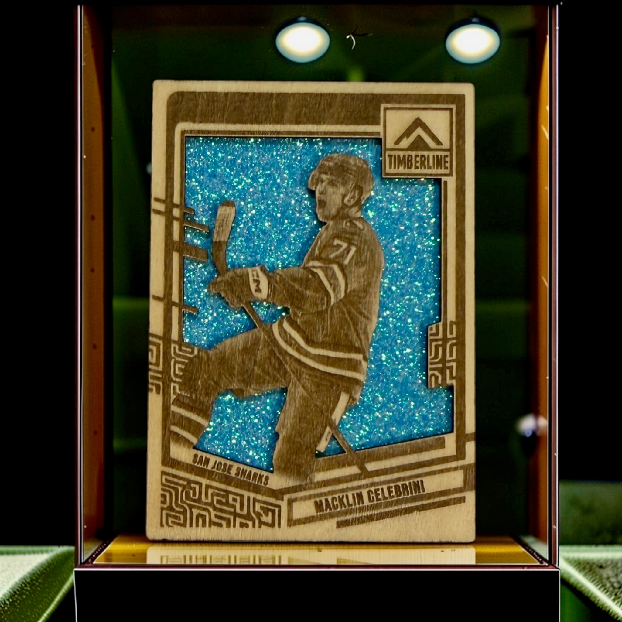 Macklin Celebrini San Jose Sharks Timberline wood card with blue glitter background