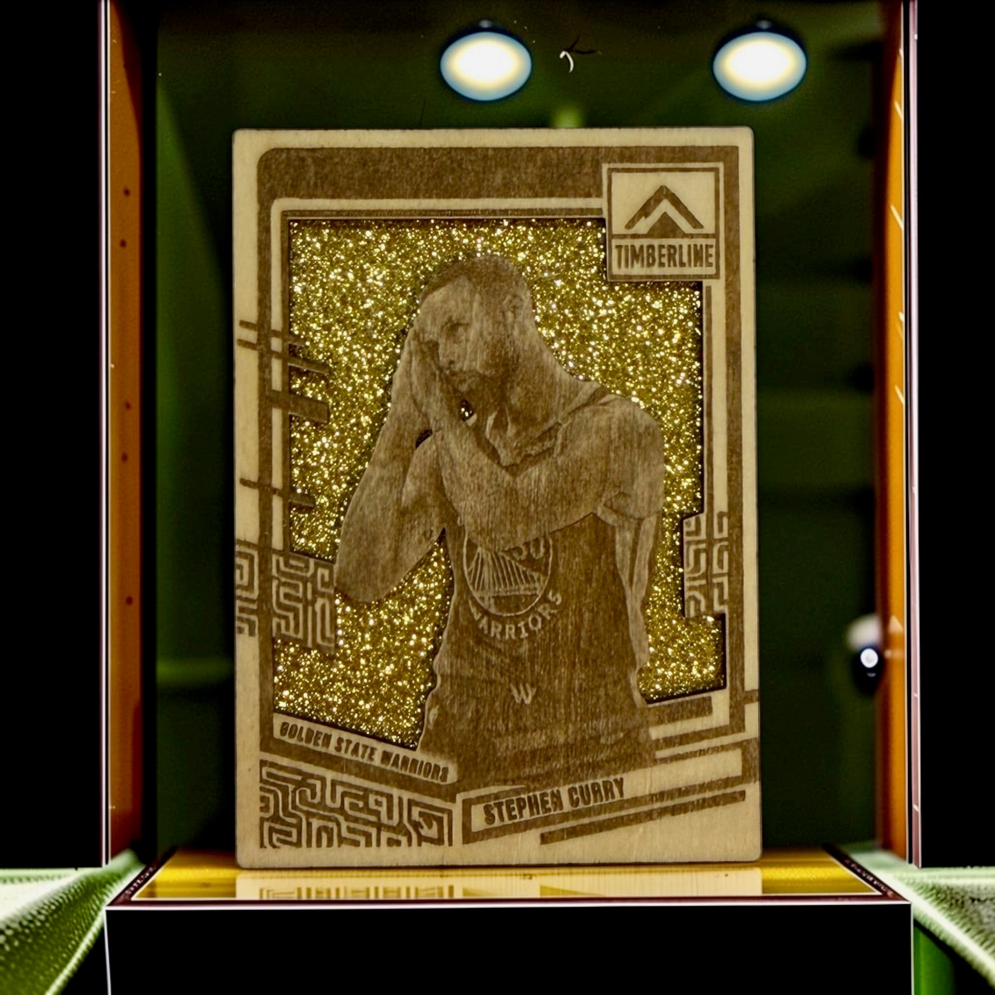 Stephen Curry Golden State Warriors Timberline wood card with gold glitter background